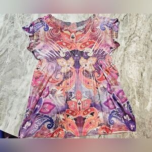 Vanity Boho Paisley Batwing Rhinestone Blouse Top Purple Orange M/L